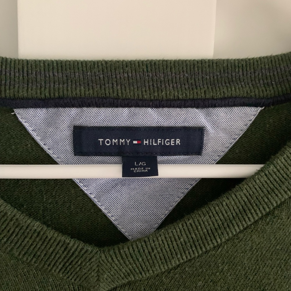 Army Green Tommy Hilfiger Solid V-Neck Sweater - Picture 3 of 3